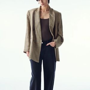 H&M Women's Linen Tan Beige Plaid Double-Breasted Blazer